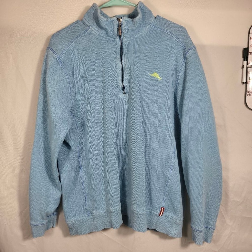 Tommy Bahama Quarter Zip Mens Large Blue Excellent Ribbed Cotton Relax Pullover